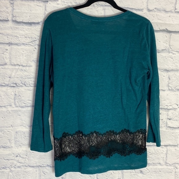 Sandro teal linen black lace inset long sleeve tee - Picture 4 of 8